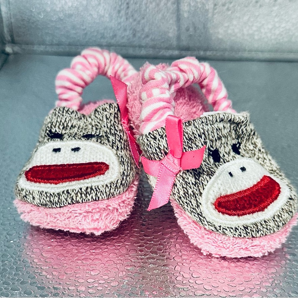 Baby Starters Pink & Gray Sock Monkey Slippers